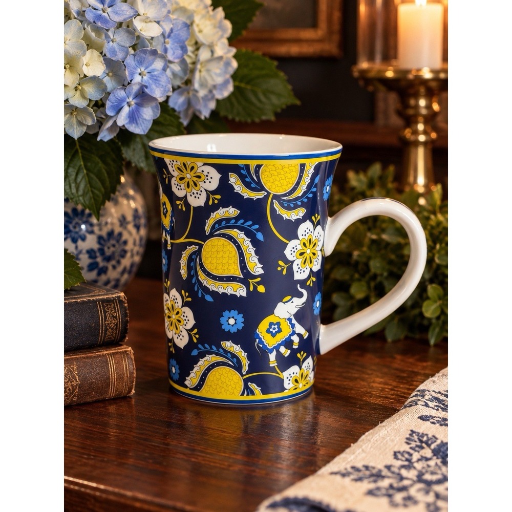 Vera Bradley Elephant Paisley Floral Mug Navy Blue Yellow Ceramic 14oz Cup
